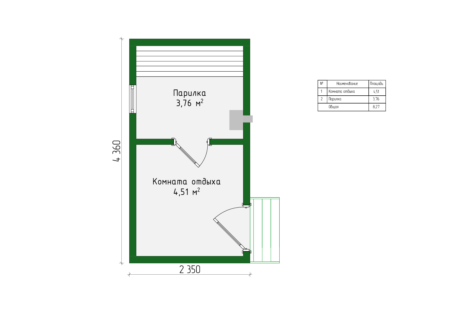 Планировка «Баня 8 м»: комната отдыха 4,51 м² и парная 3,76 м²