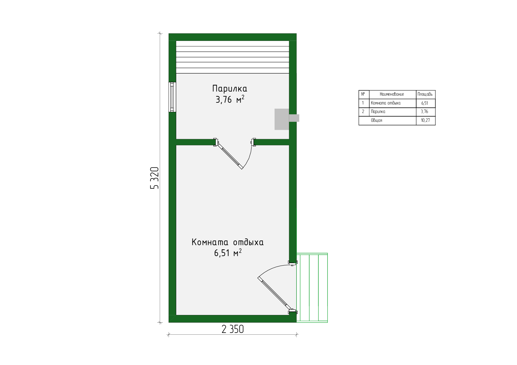 Планировка «Баня 10 м»: комната отдыха 6,51 м² и парная 3,76 м²
